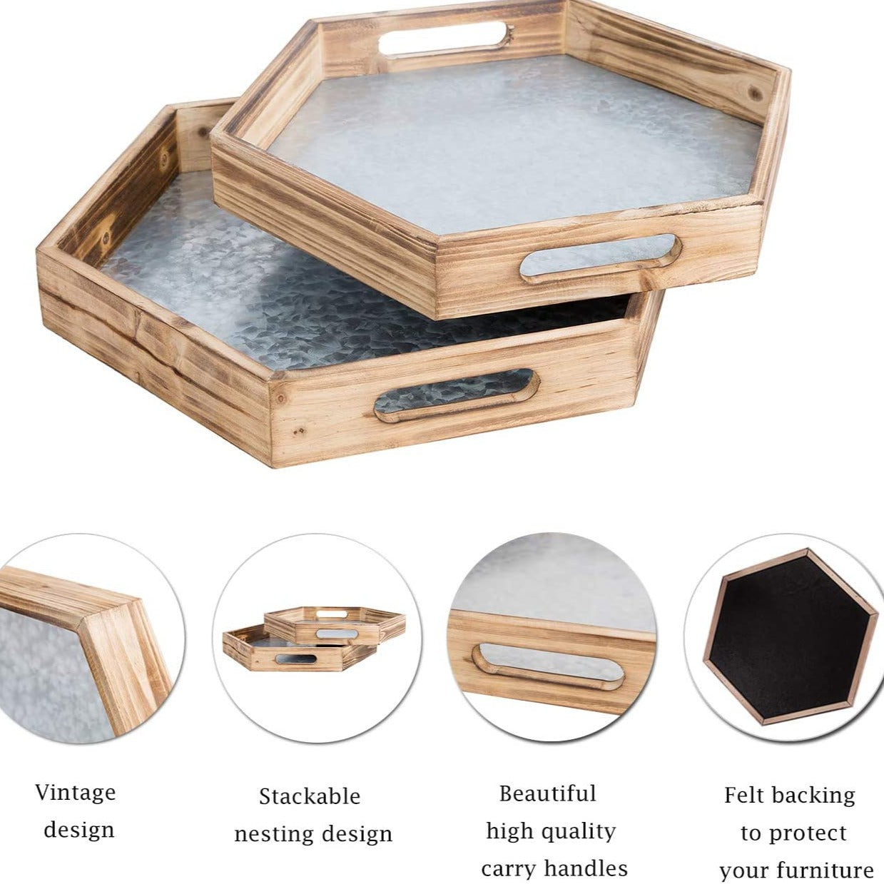 Natural Wood Hexagon Nesting Food Serving Trays Set of 2