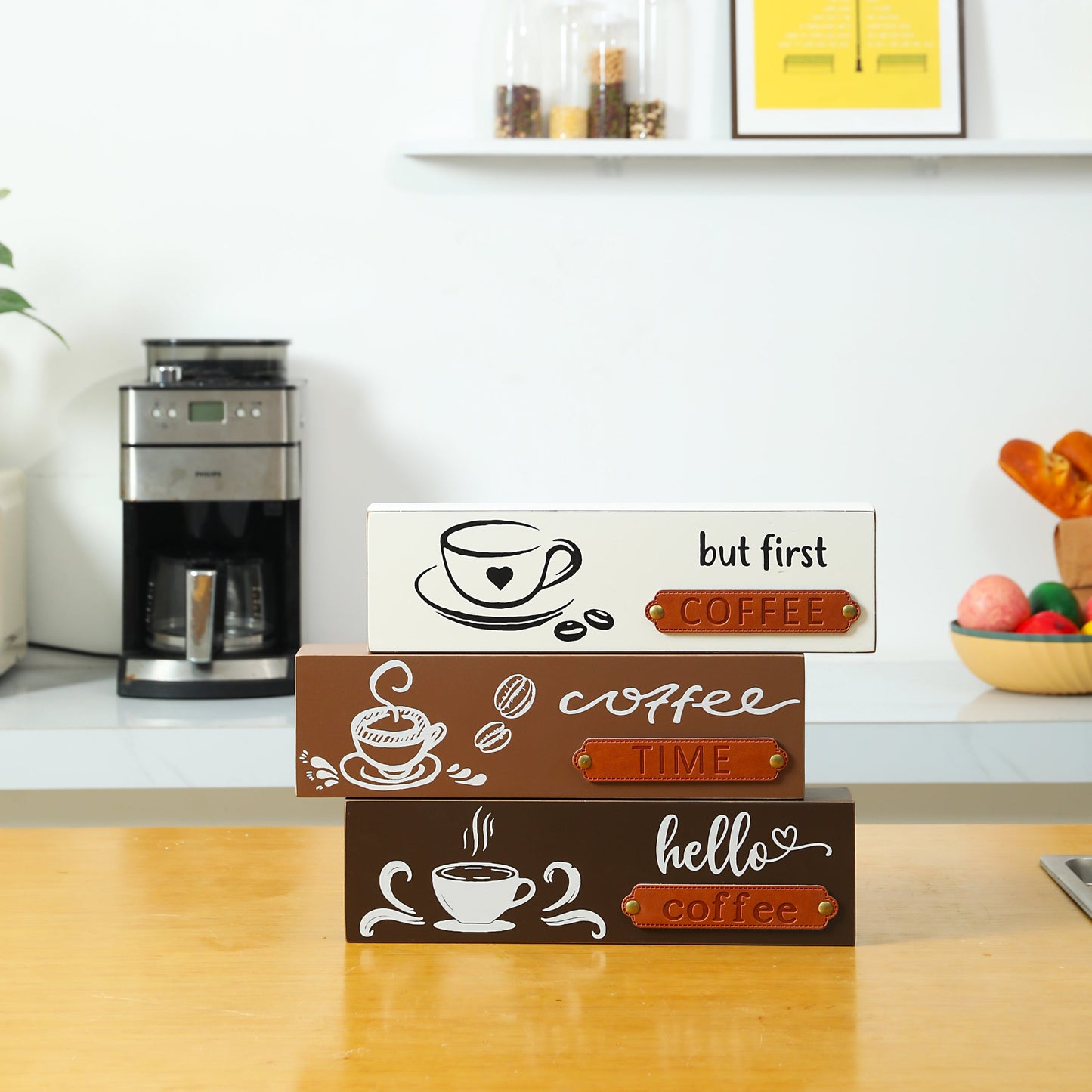 Coffee Bar Box Sign Countertop Decor, Wooden Tabletop Letter Signs Decor for Home, Kitchen Desk, Coffee Table(14 x 3.9 Inch) (3 different color to pick)