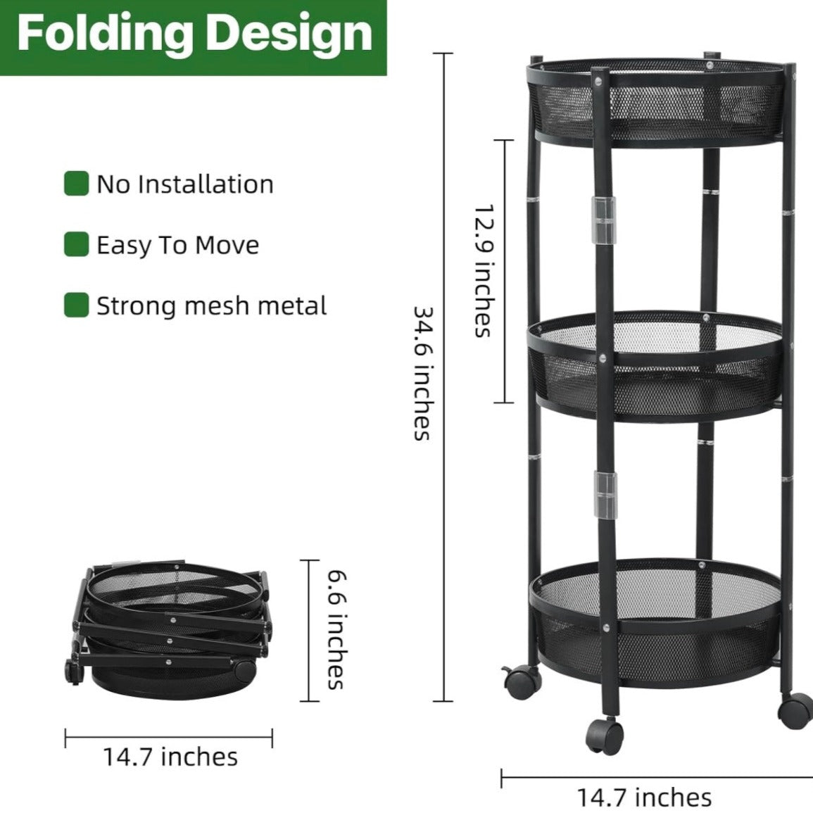 Foldable Rolling Cart 3- Tier Metal Storage with Black, Gray, White Option