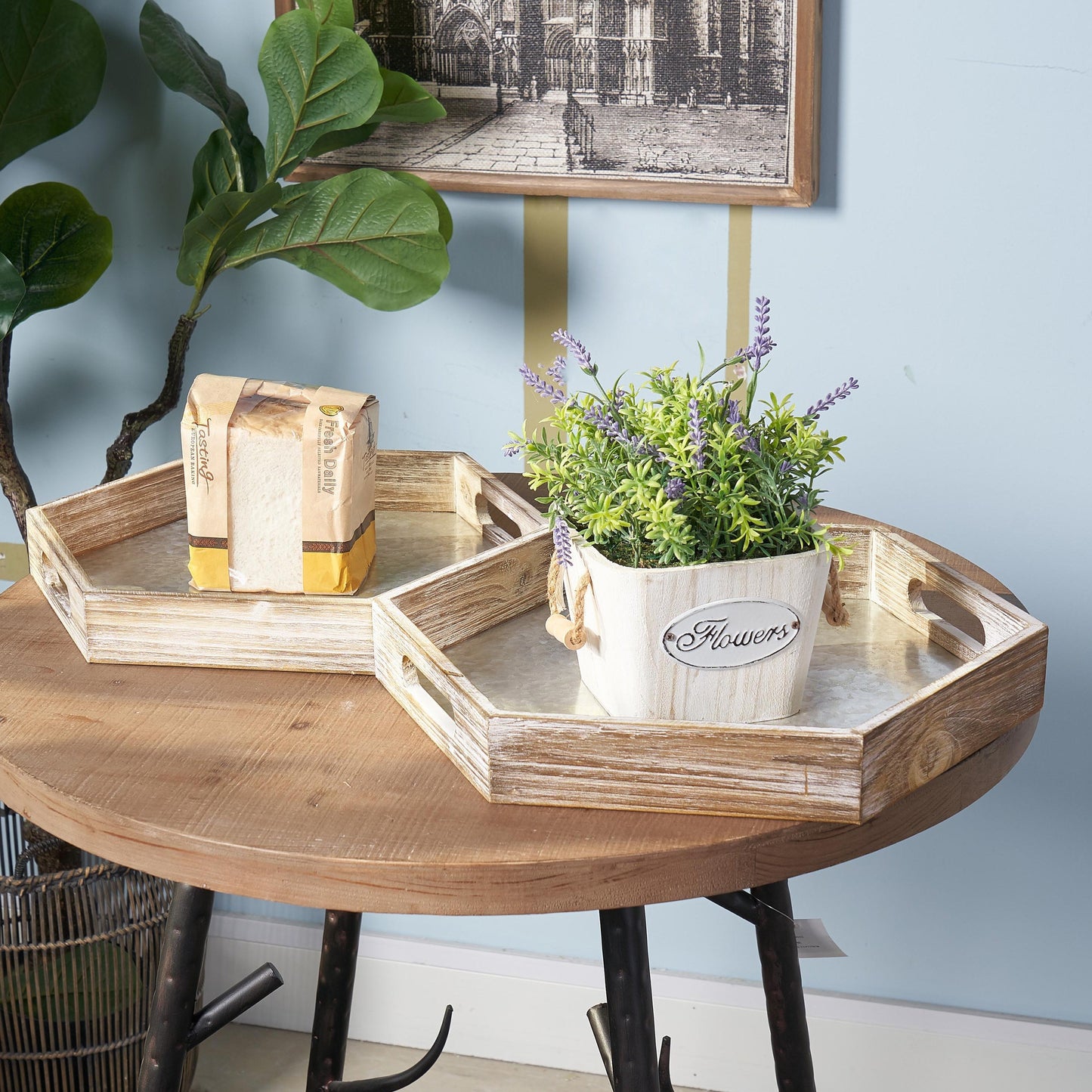 Natural Wood Hexagon Nesting Food Serving Trays Set of 2