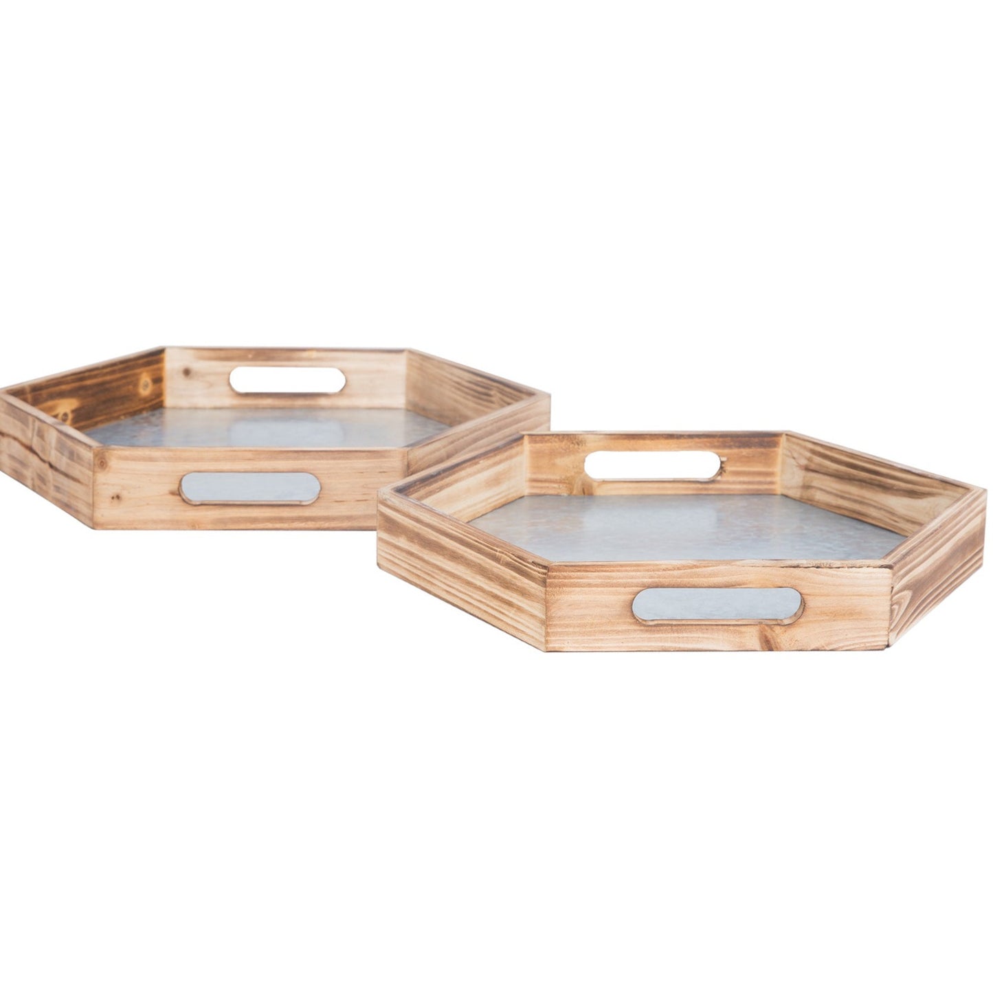 Natural Wood Hexagon Nesting Food Serving Trays Set of 2