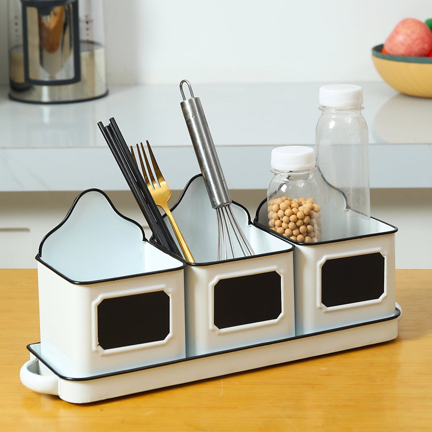 White Metal Utensil Holder, Flatware Caddy for Kitchen Countertop Organization, Holds Fork -3 Compartments