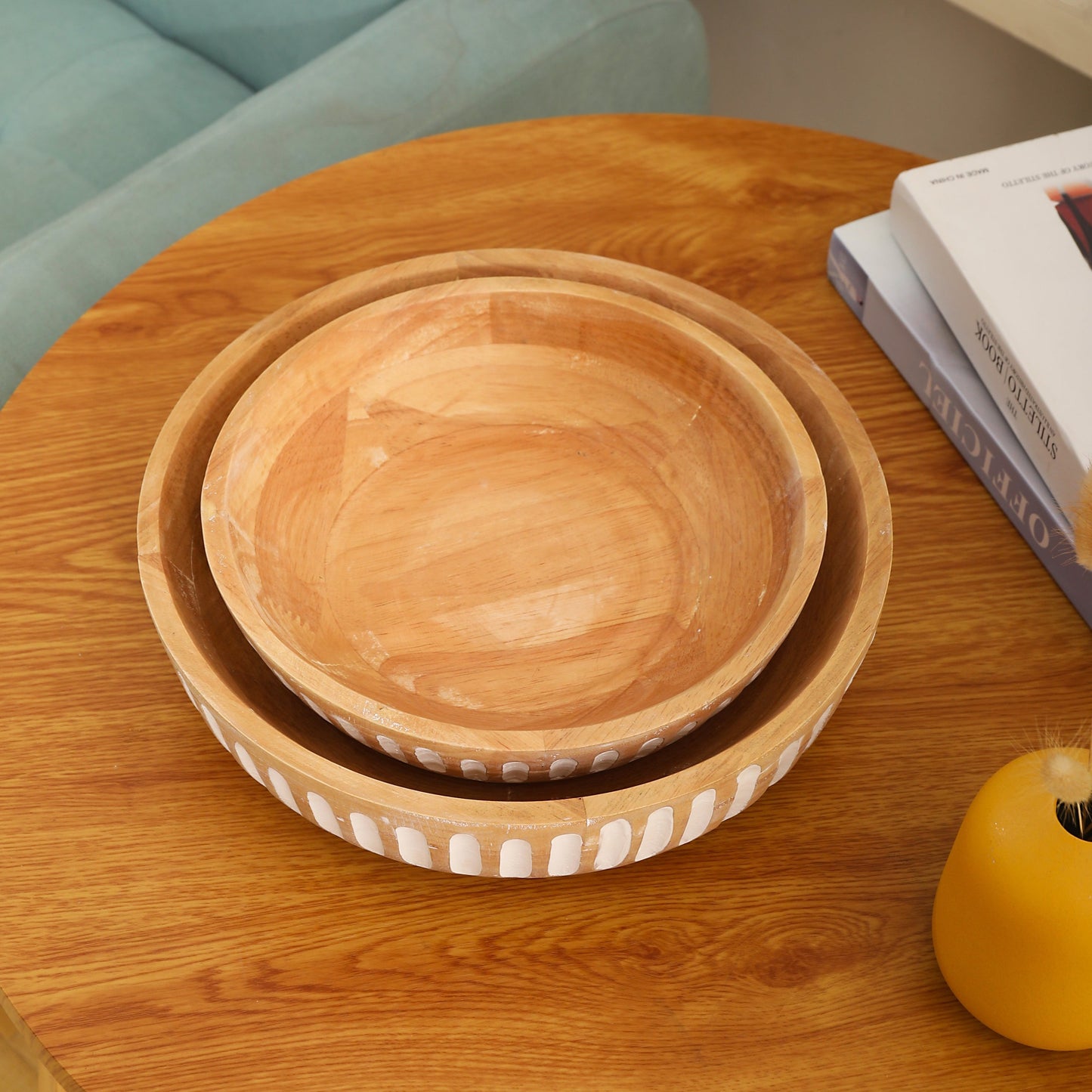 Set of 2 Natural Wooden Decorative Bowl, Round Hand Carved Bowl for Decorative Kitchen Countertop