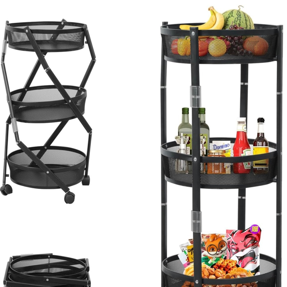 Foldable Rolling Cart 3- Tier Metal Storage with Black, Gray, White Option