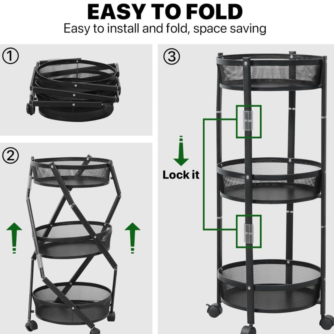 Foldable Rolling Cart 3- Tier Metal Storage with Black, Gray, White Option