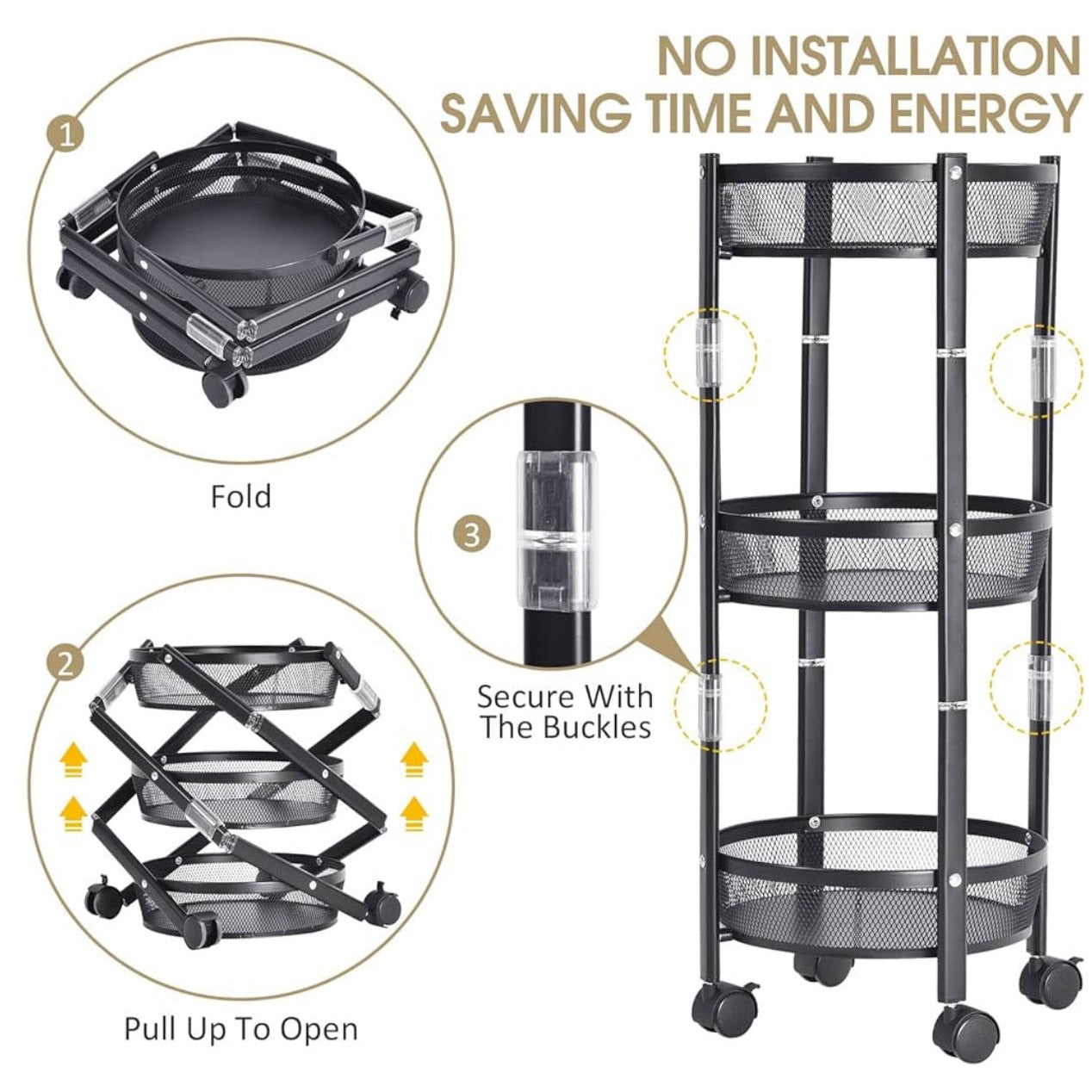 Foldable Rolling Cart 3- Tier Metal Storage with Black, Gray, White Option